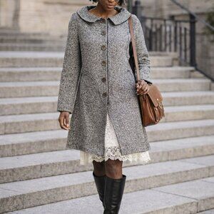 Herringbone Cotton Coat Juniors S/M Gray Button Front Vintage Style Long Jacket